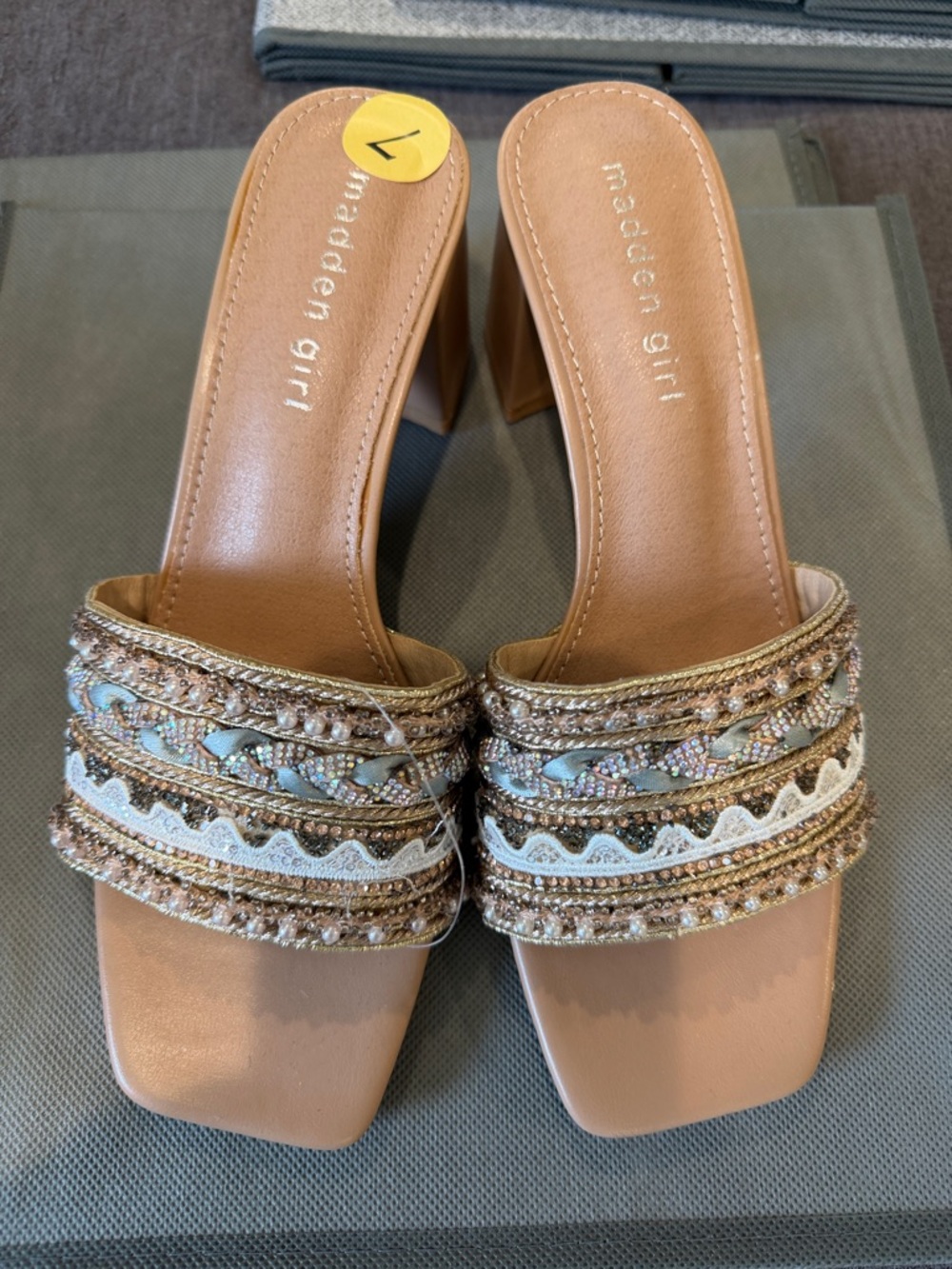 Madden Girl Tan Beaded Braided Slide Mules